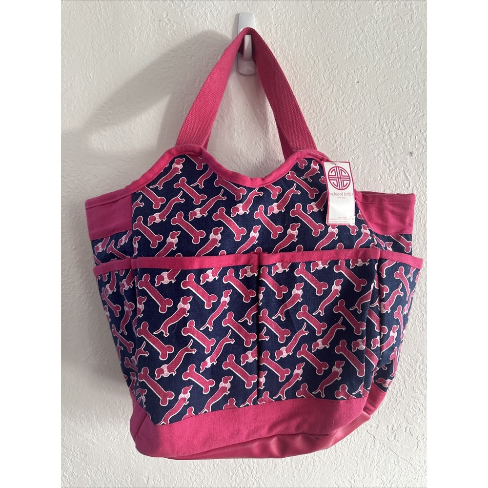 Buckhead Betties Tote Bag Navy Pink Dachshund Dog Bone Canvas Utility Travel NWT